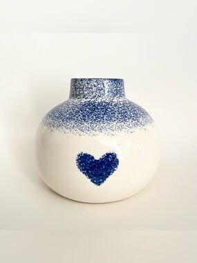 Vintage Flat Earth Pottery Tea Light Holder Decorative Speckled Blue White Heart